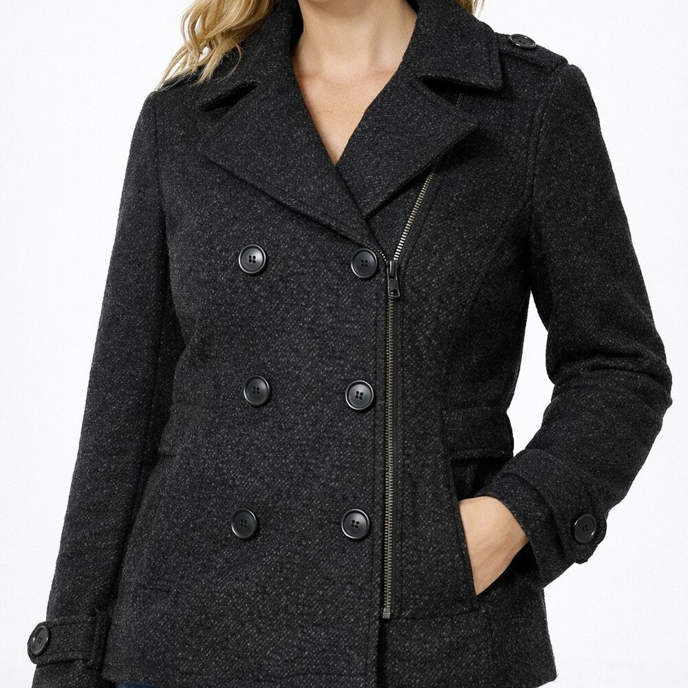 Lucky‎ Brand Black Wool Peacoat Coat • Button + Zip Front • Women’s XS